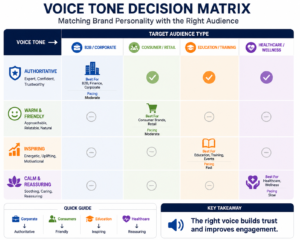 Voice tone decision matrix — brand personality vs target audience type